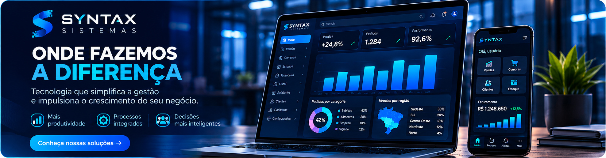 Tecnologia, indicadores e inteligência empresarial — conceito ilustrativo Syntax Sistemas